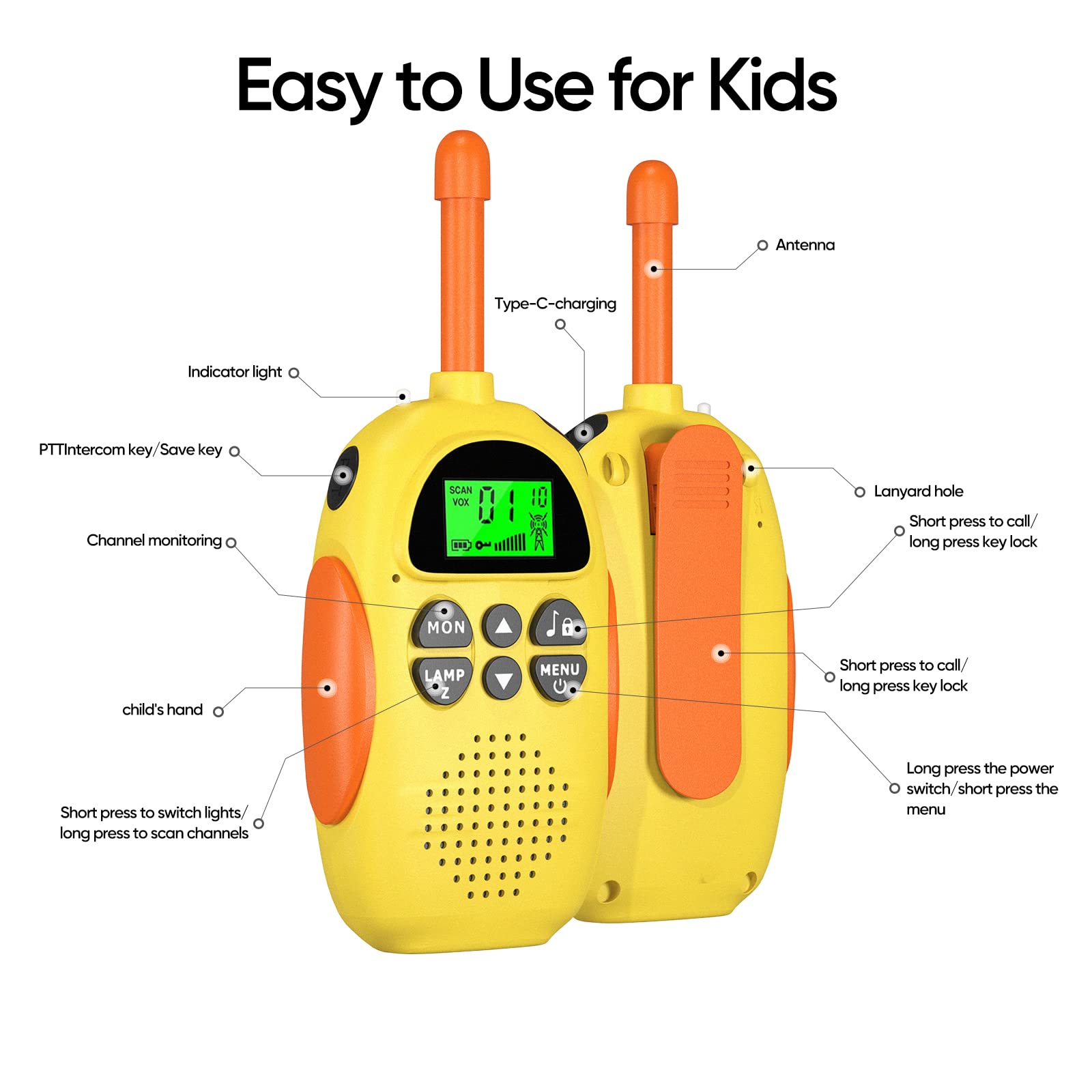 HPROMOT kids walkie talkie with PTT for little hands supports easy push-to-talk play