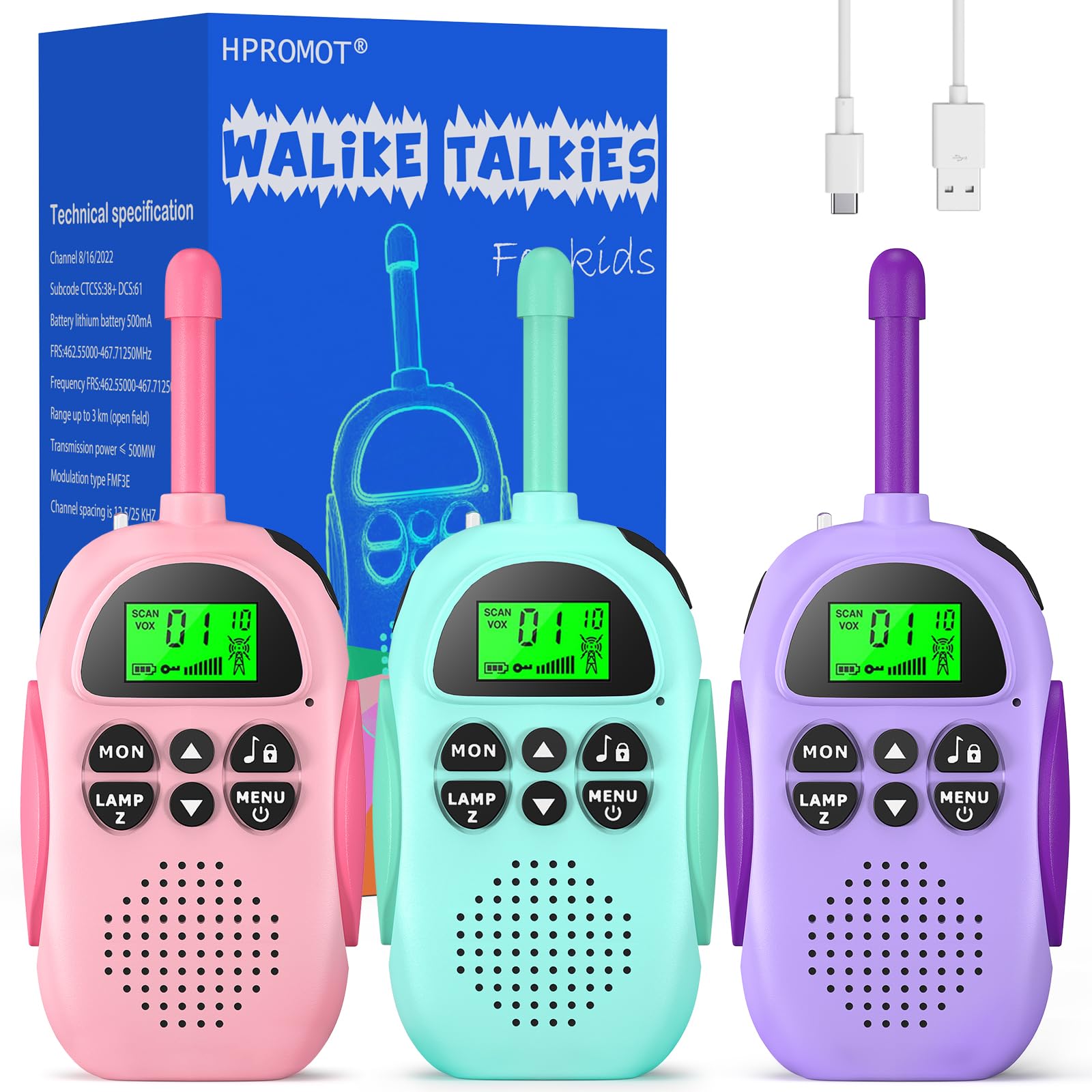 HPROMOT Walkie Talkies 3-pack rechargeable, ideal for family outdoor adventures