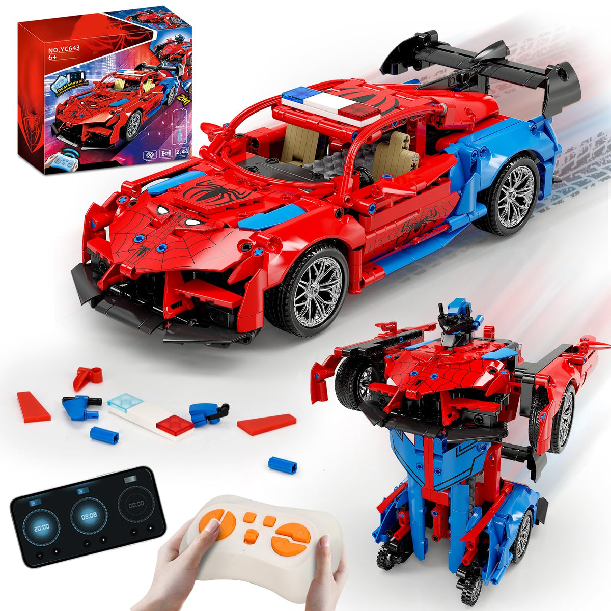 HSANHE 2-in-1 remote racing car in motion, vibrant colors and sleek design.