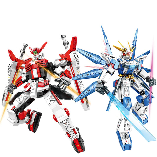 HSANHE Dual Mech set: red and blue models ready for display and battles.
