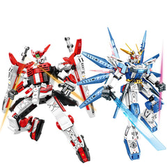 HSANHE Dual Mech set: red and blue models ready for display and battles.