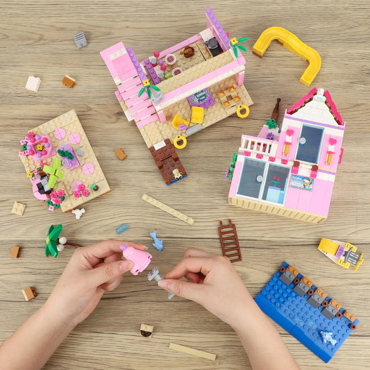 HSANHE pink girls seaside villa interior highlights bright, durable components for creative play.