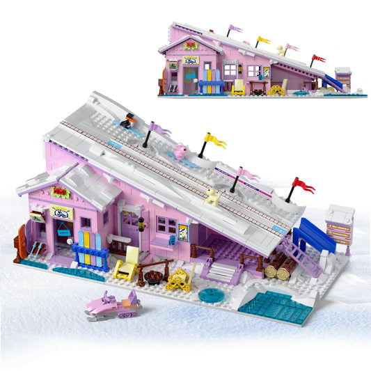 HSANHE pink girls ski resort house with 1042 pieces for creative building fun.