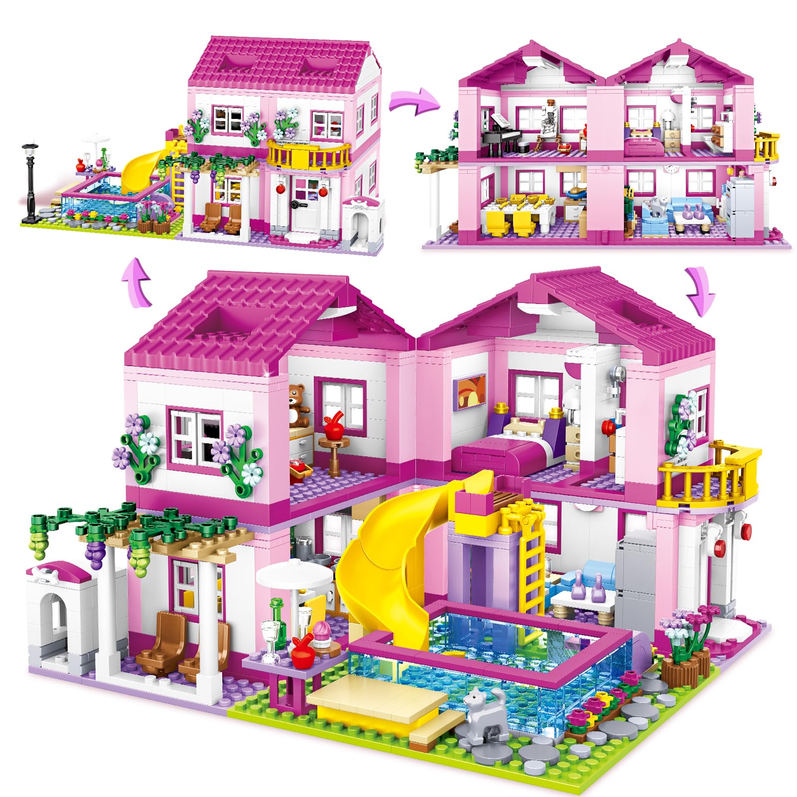 HSANHE pink villa build in progress showing imaginative play and vibrant bricks