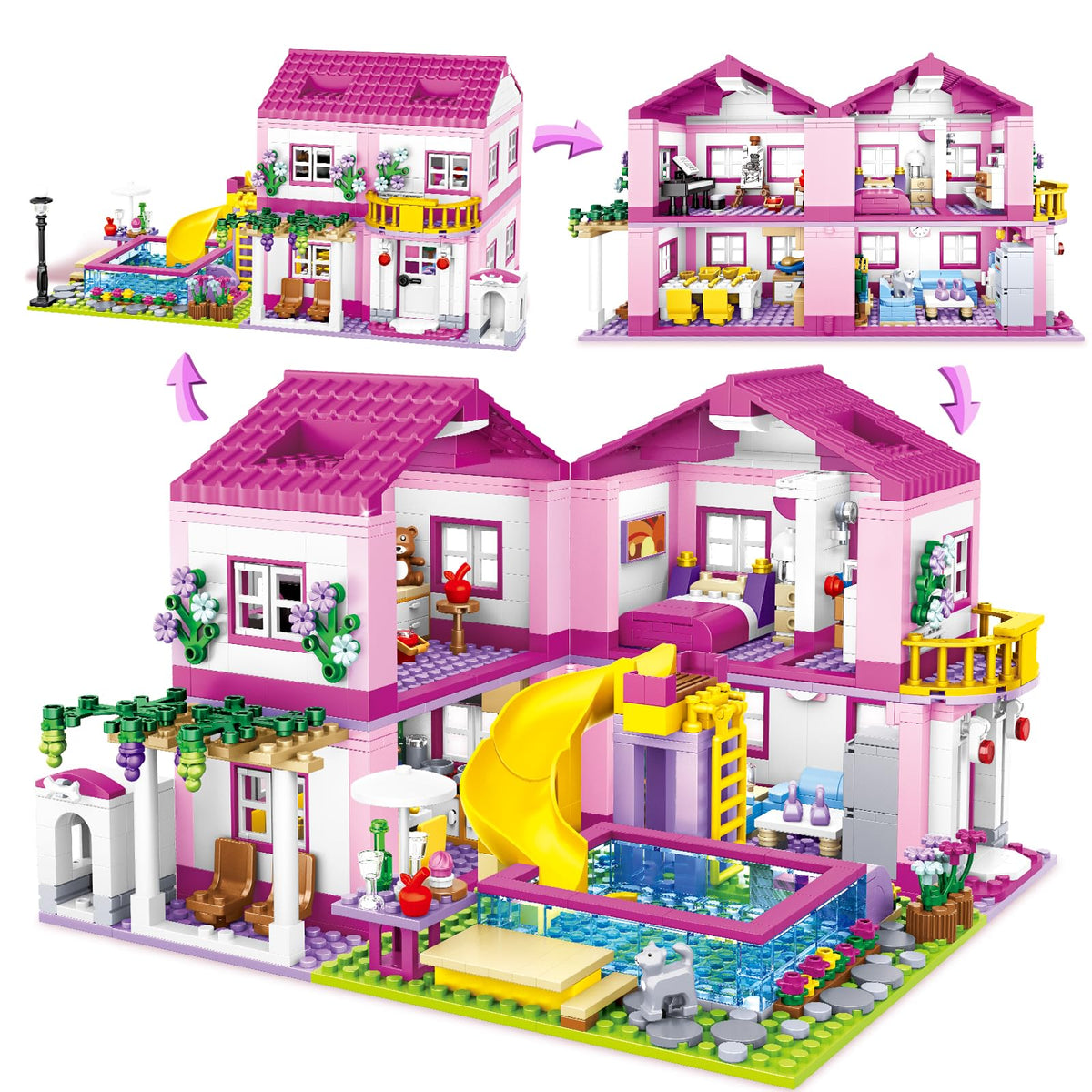 HSANHE pink villa build in progress showing imaginative play and vibrant bricks