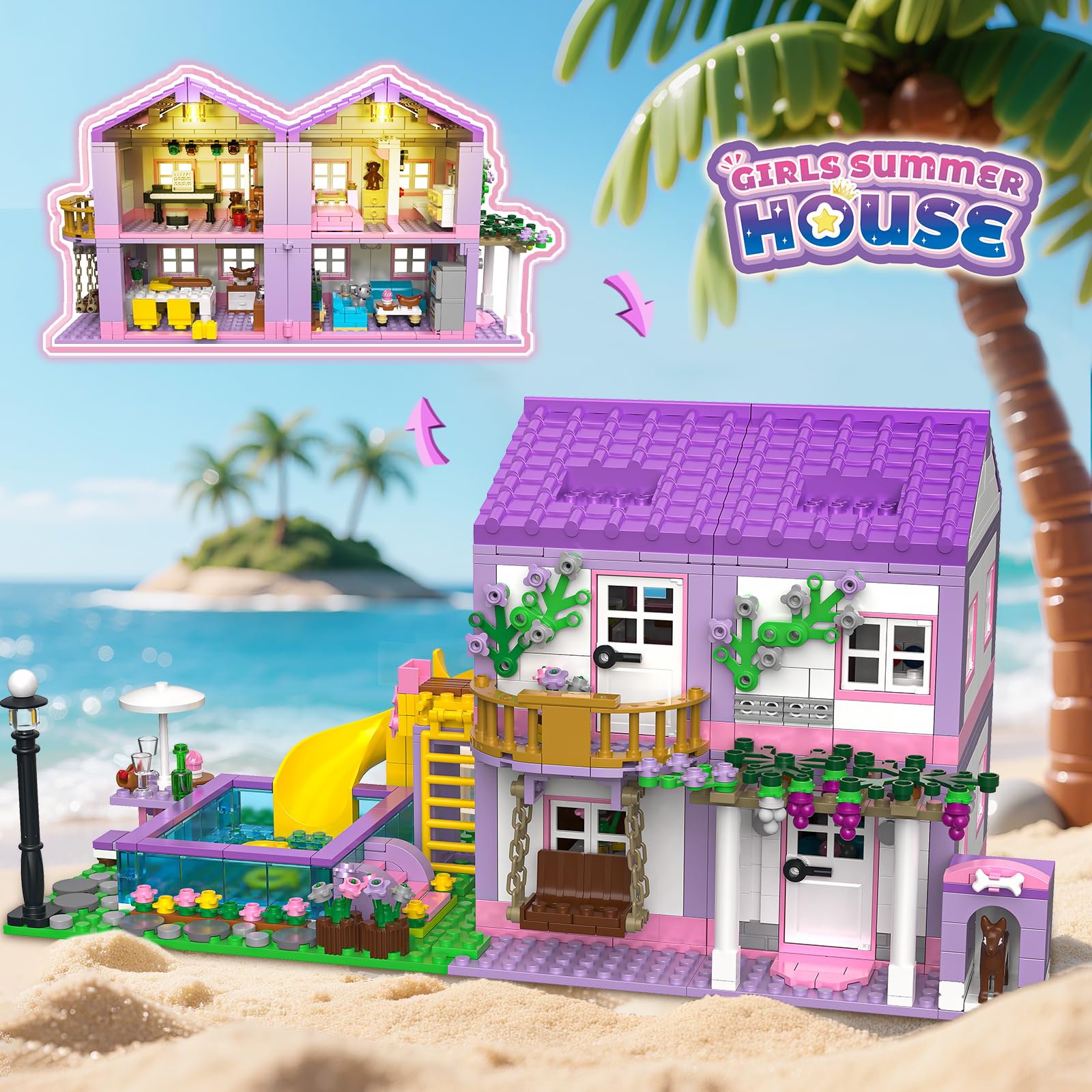 HSANHE Purple Girls Summer Villa Furniture Set highlights bed, table, and chairs for realism.