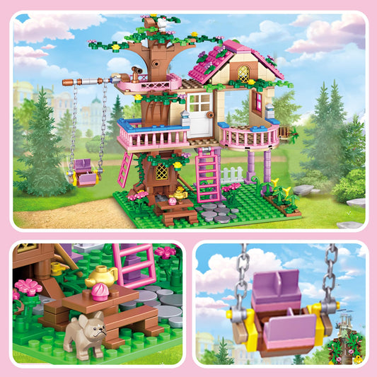 HSANHE tree house kit with colorful steps supports cooperative play.