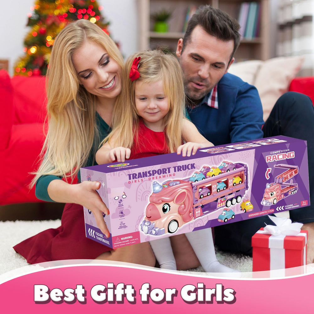 HSEONEJIA gift-pack unicorn truck and 6 cars highlights birthday-ready bundle.