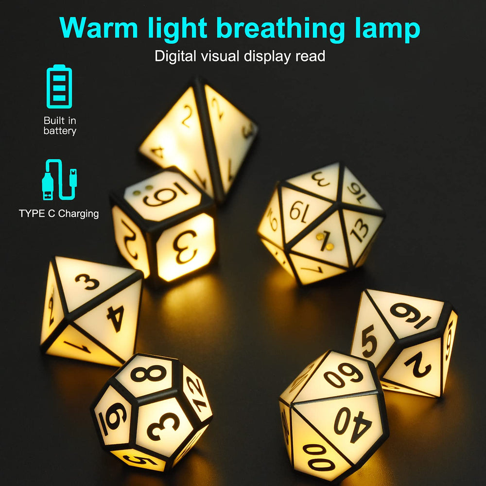 HTPOW DND dice with lit D20 ready for gameplay.
