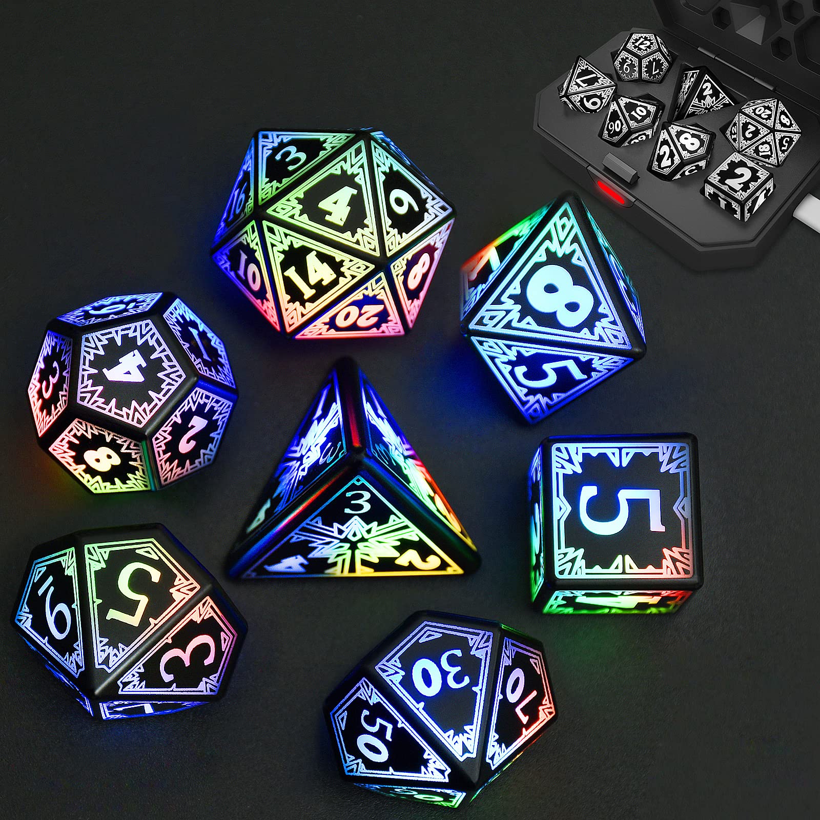 HTPOW light-up dice set glowing during a D&D roll for immersion
