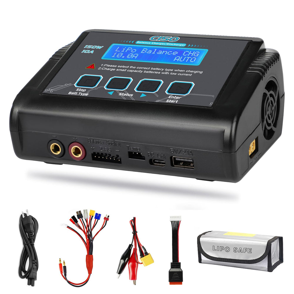 HTRC LiPo Charger front view shows compact design for bench charging