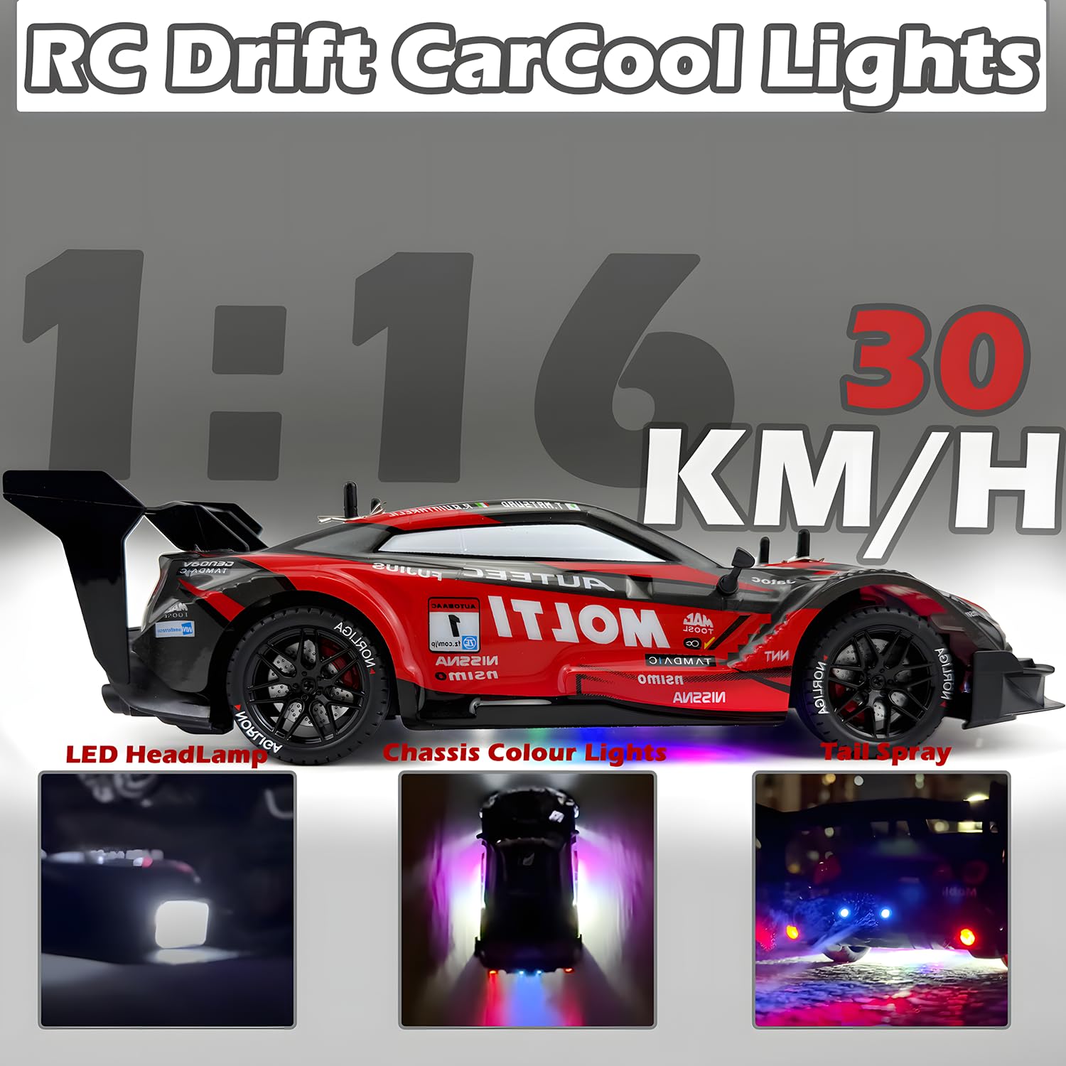 HTURCCOP 1:16 RC Drift Car LED headlights and sprayer enhance nighttime visibility.