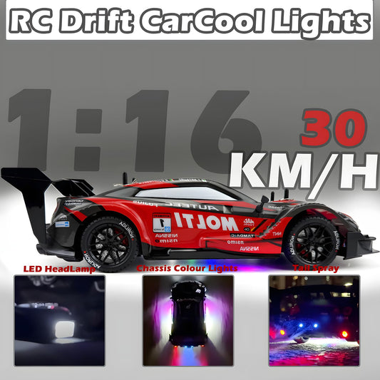 HTURCCOP 1:16 RC Drift Car LED headlights and sprayer enhance nighttime visibility.