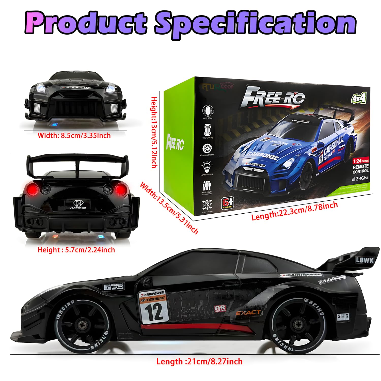 HTURCCOP 1:24 RC Drift Car long battery life supports extended play sessions.