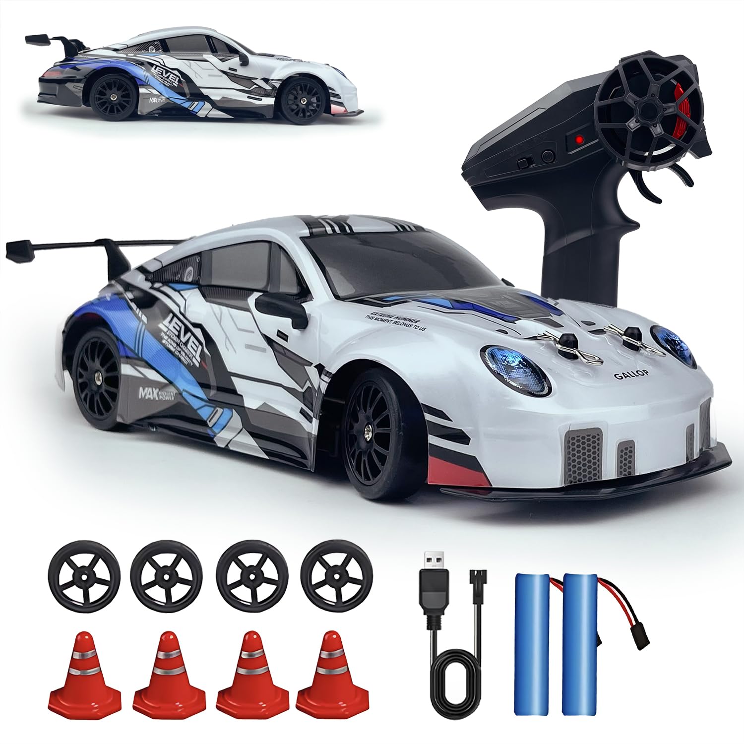 HTURCCOP RC drift car with LED headlights for easier visibility in low light