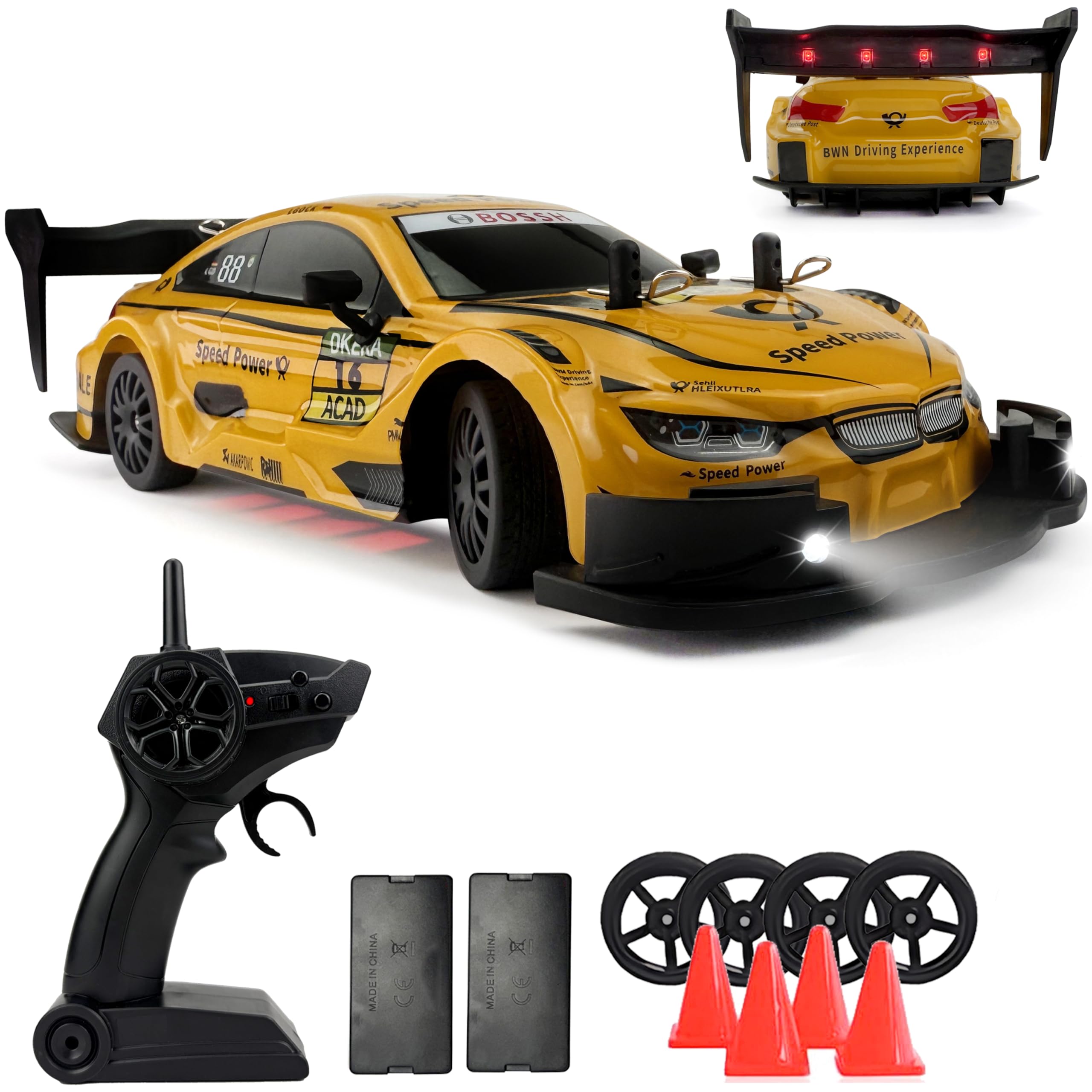 HTURCCOP RC drift car yellow front view with LED lights for night visibility