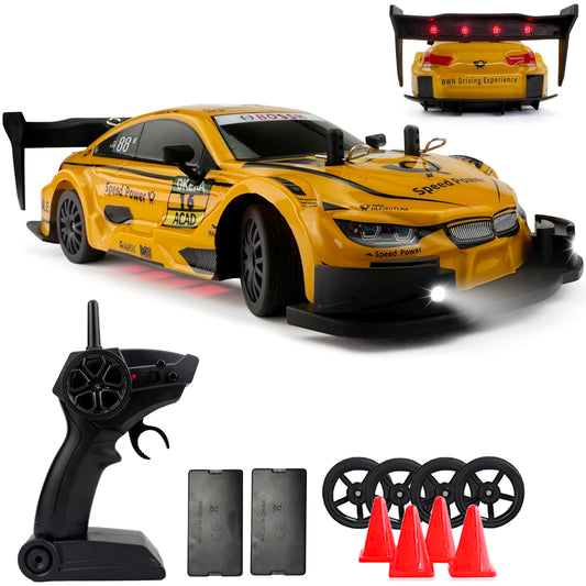 HTURCCOP RC drift car yellow front view with LED lights for night visibility