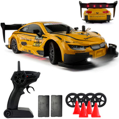 HTURCCOP RC drift car yellow front view with LED lights for night visibility