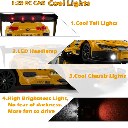 HTURCCOP RC drift car yellow side view showcasing 4WD stability