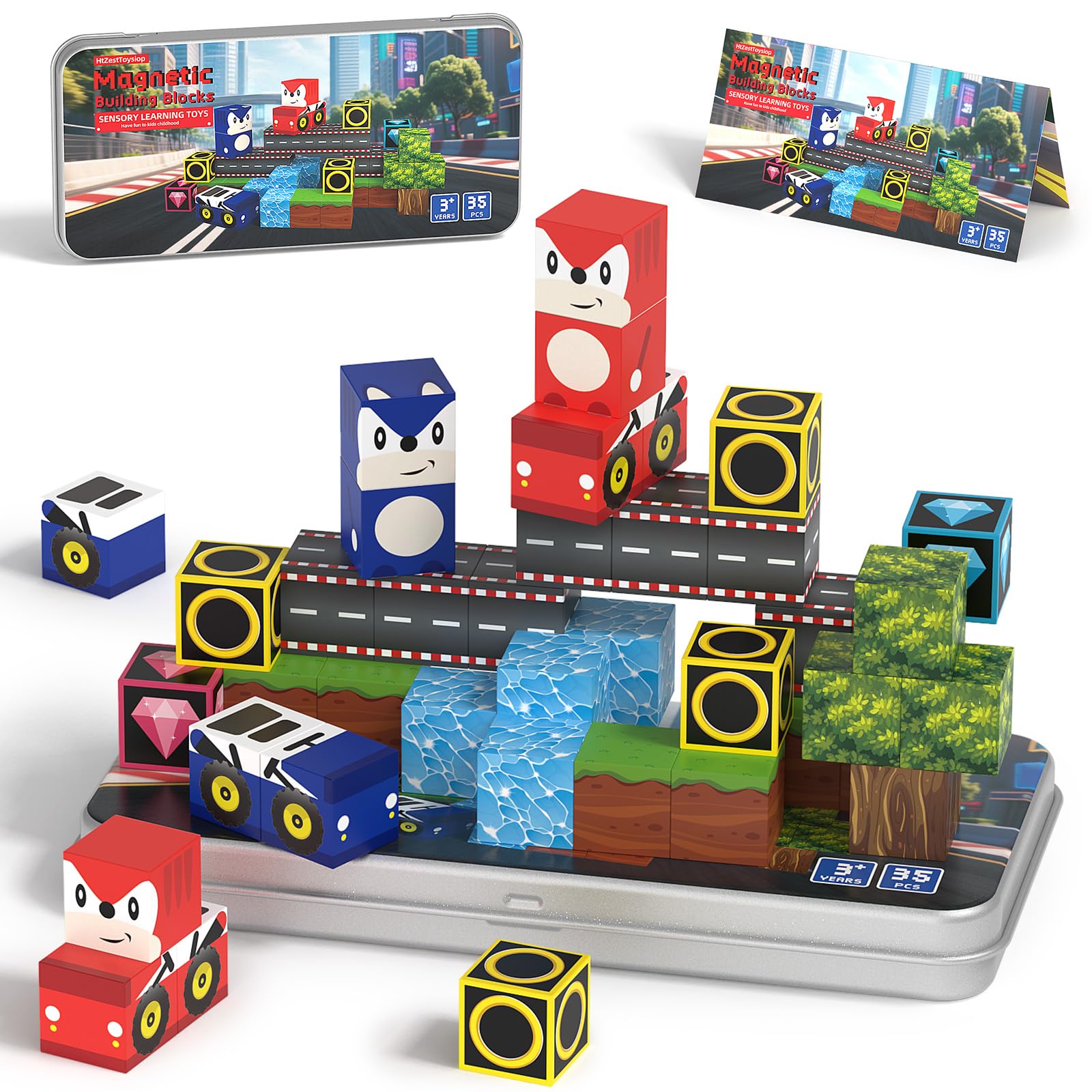 HtZestToysiop 35pcs magnetic blocks with iron box for portable creative play.