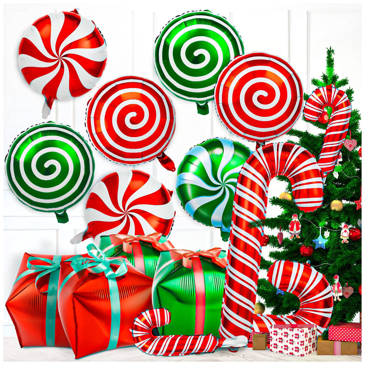 HTZNHXT 32-piece Christmas balloons with candy-cane foil visuals for festive decor.