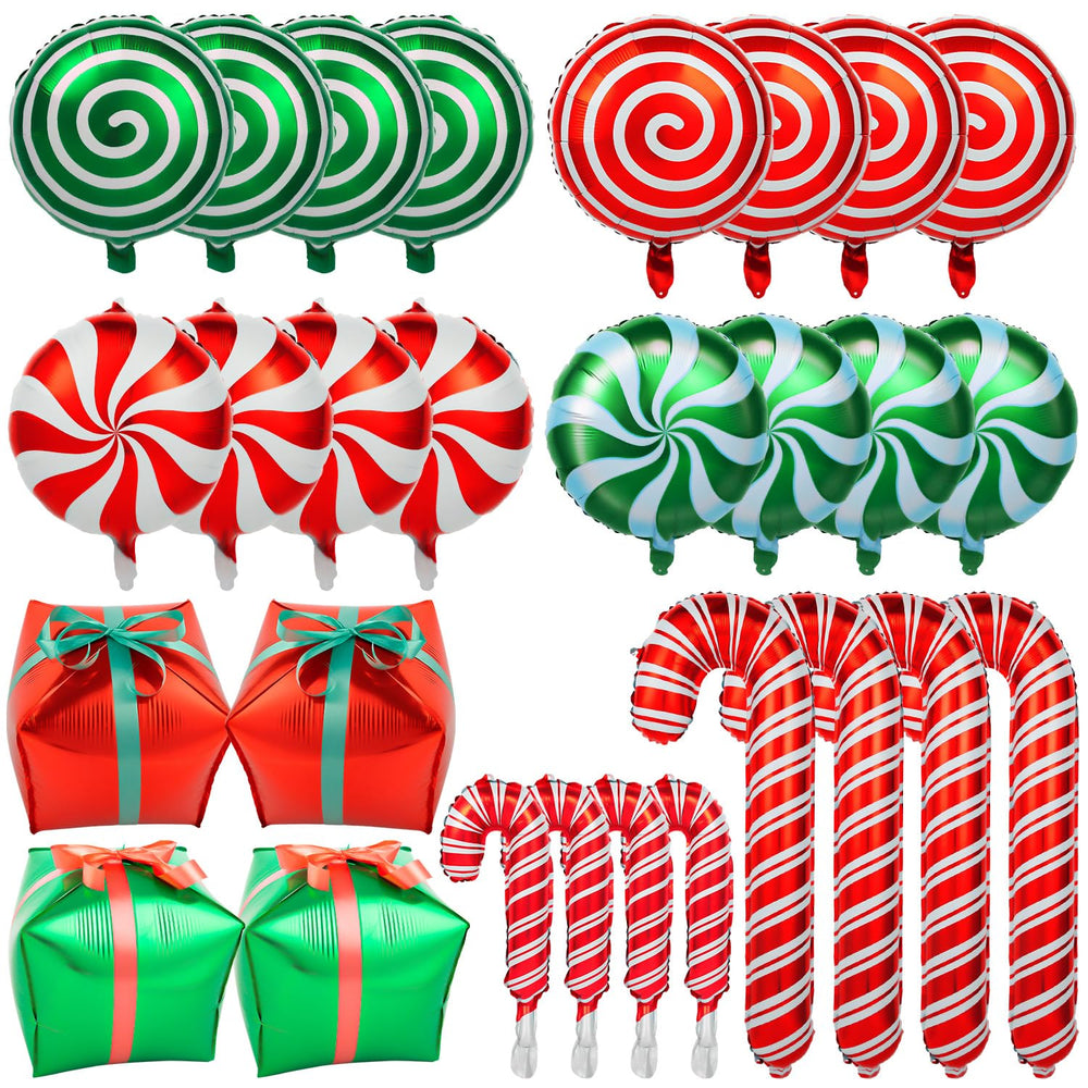 HTZNHXT candy-cane foil balloons with ribbons create playful candy-themed ambiance.