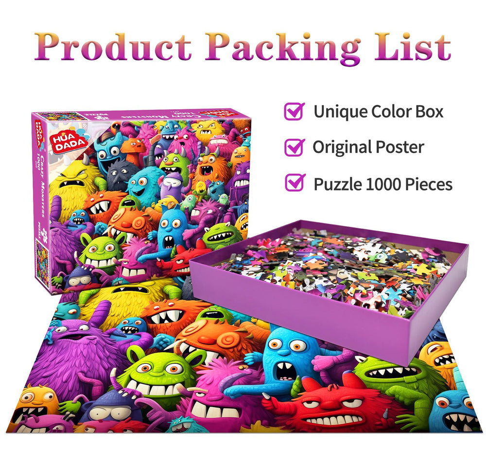 HUADADA 1000-piece puzzle color monsters pieces close-up highlights tactile detail for mindful assembly