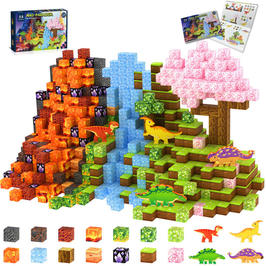 Huaker 158PCS magnetic blocks create a dinosaur world for imaginative STEM exploration.