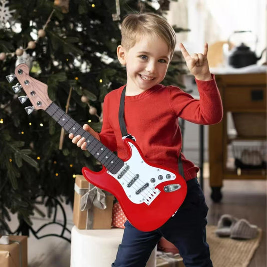 Huang Cheng Toys mini guitar with strap for easy wear during practice.