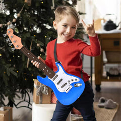 Huang Cheng Toys mini guitar on a desk ready for a child's recital.