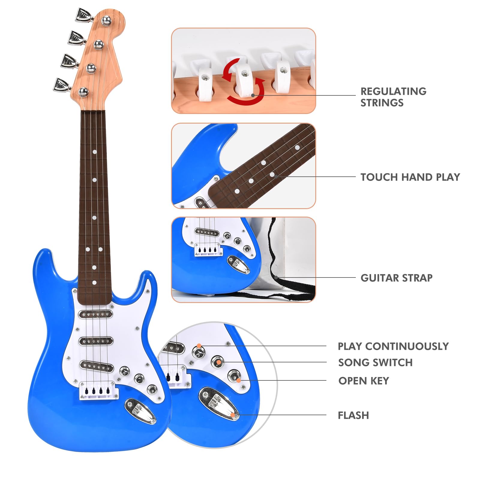 Huang Cheng Toys mini guitar strings close-up, showing durable, kid-friendly construction.