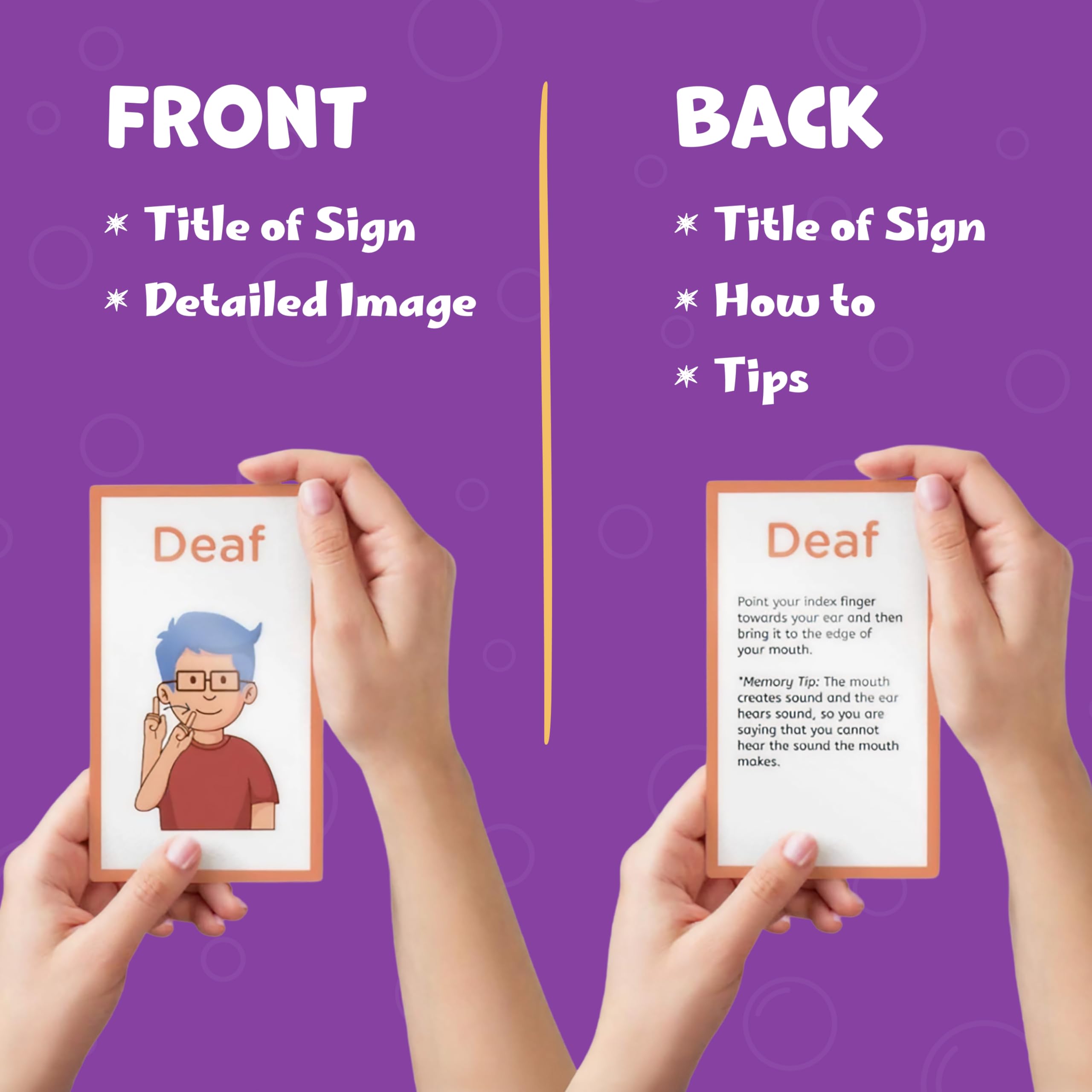 Hubble Bubble Kids ASL cards measure 3x5 inches for small hands and portability.