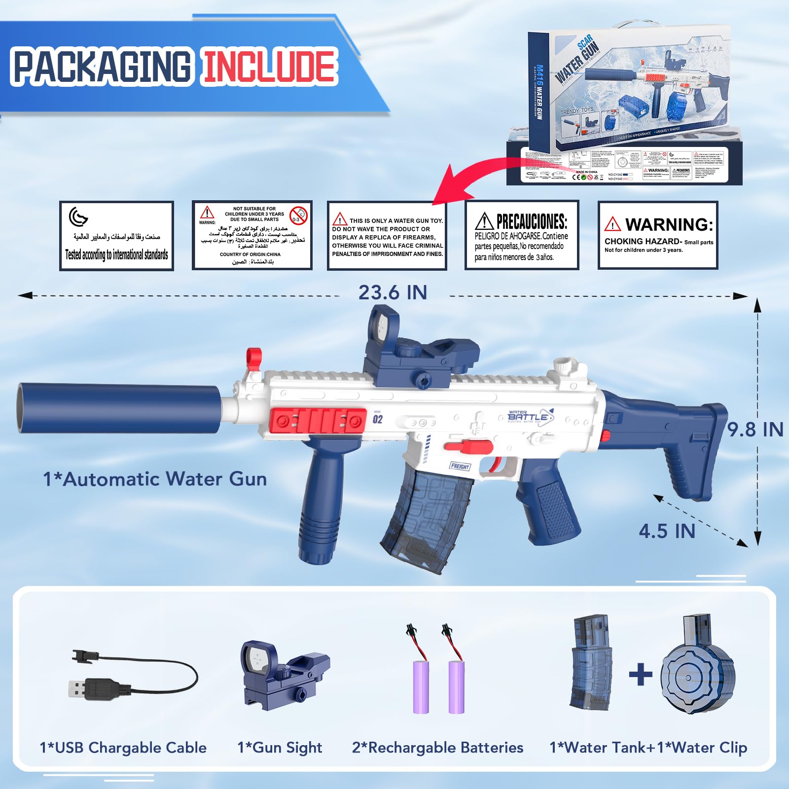 Hugeway water gun features a battery protection cover to keep components dry.