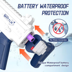 Hugeway water gun includes rechargeable batteries for long-lasting fun.