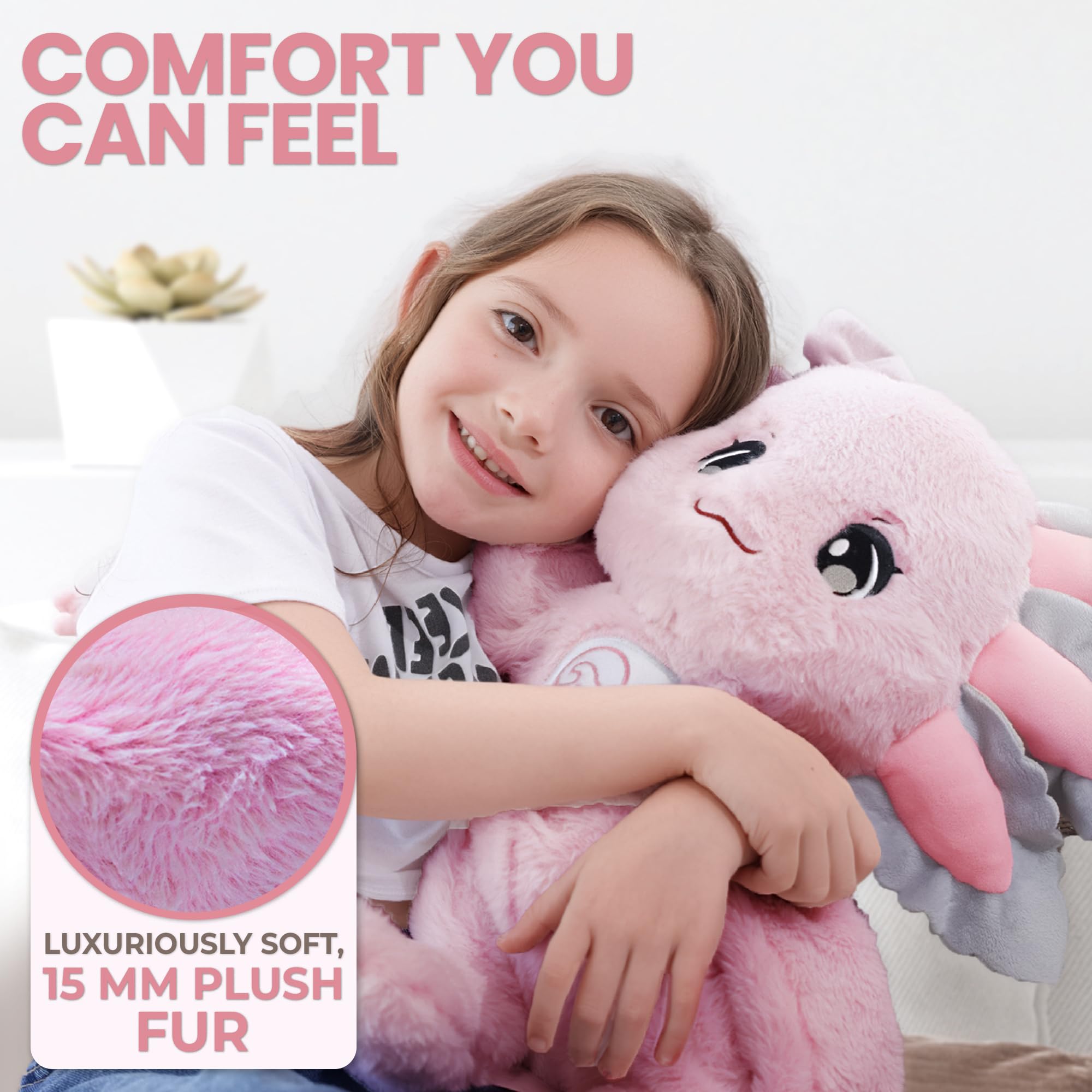 Huggle Healers Ula axolotl's pink plush body invites gentle hugs during bedtime or playtime