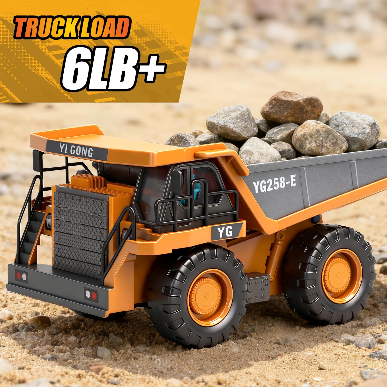 HuiJuKeJi remote dump truck 360 rotation shows full-bed swivel capability.