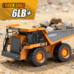 HuiJuKeJi remote dump truck 360 rotation shows full-bed swivel capability.