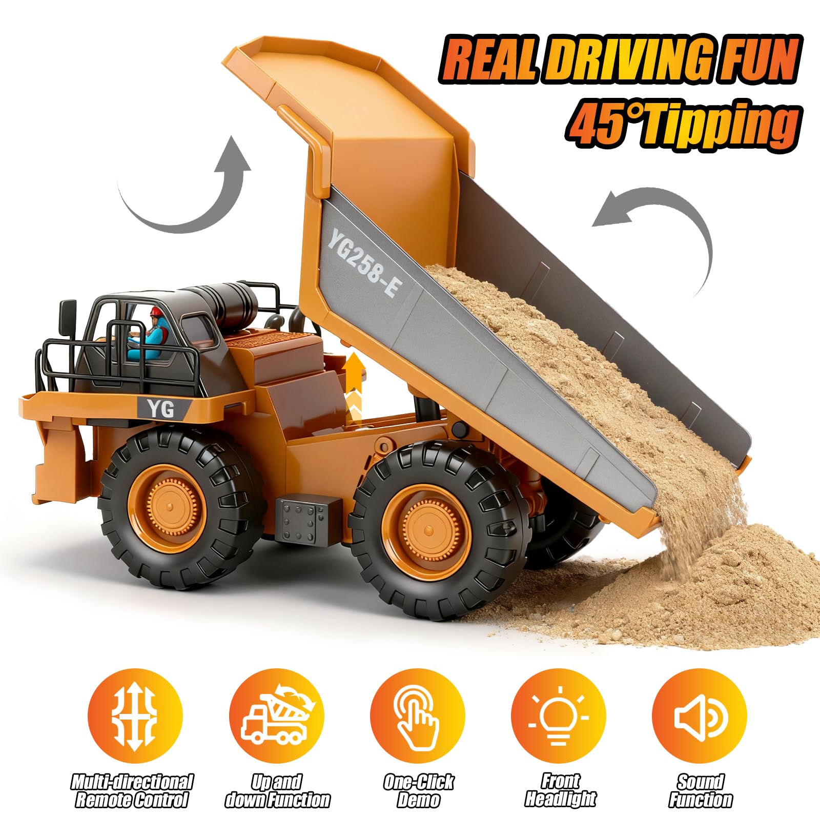 HuiJuKeJi remote dump truck dump bed demonstrates lifting and dumping action.