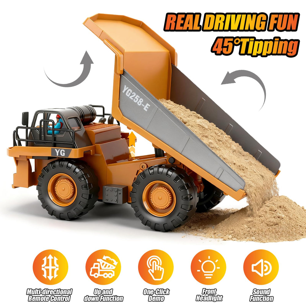 HuiJuKeJi remote dump truck dump bed demonstrates lifting and dumping action.
