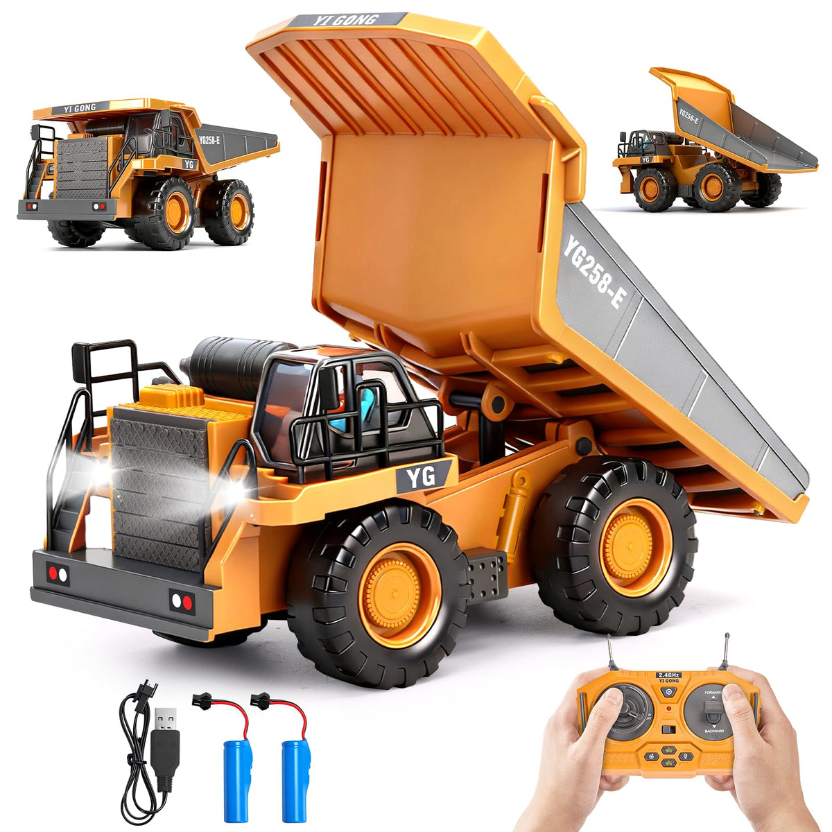 HuiJuKeJi remote dump truck front view emphasizes rugged durability for indoor play.