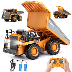 HuiJuKeJi remote dump truck front view emphasizes rugged durability for indoor play.