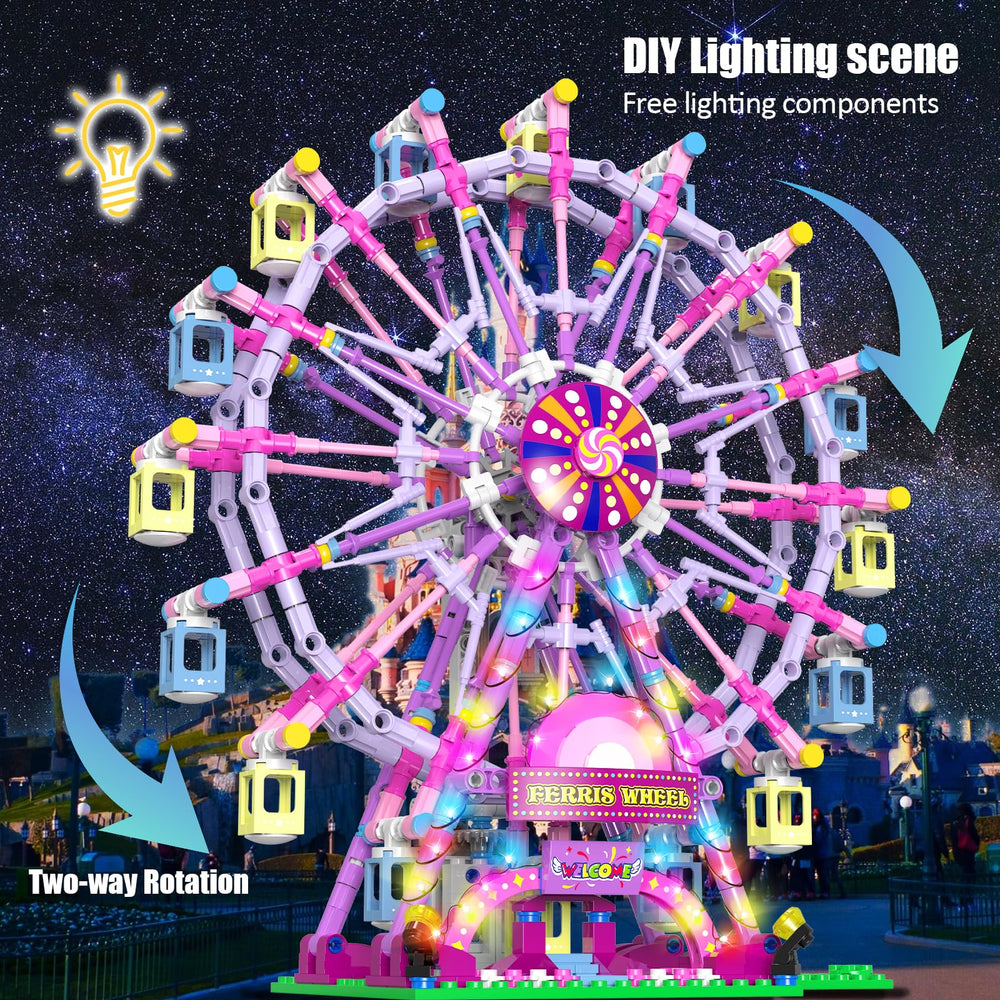 HuiNiu interlocking bricks show an amusement park build, perfect for hands-on STEM play.