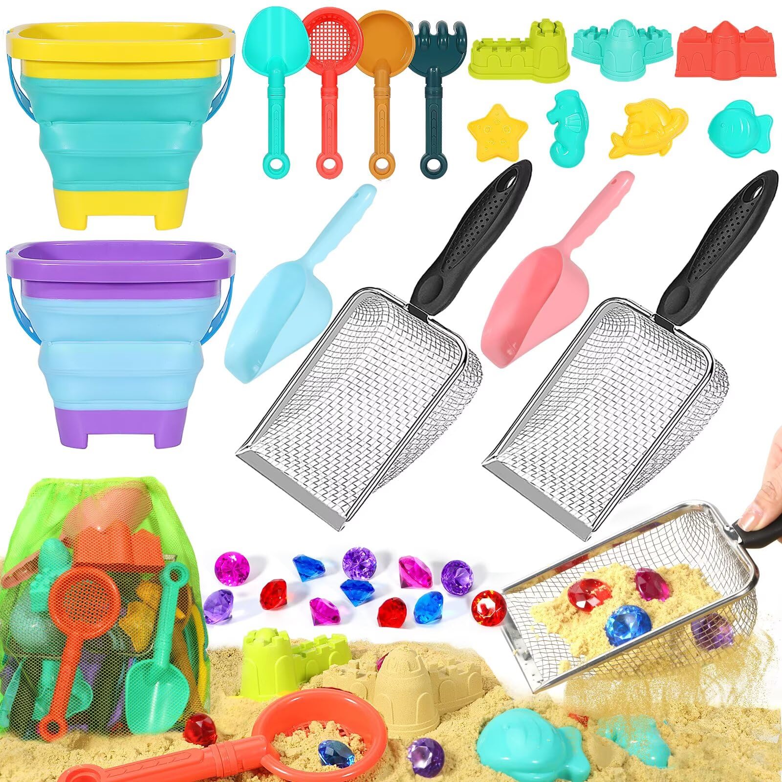 HUITEM 19-piece beach toys set for kids, ideal for imaginative treasure hunts.