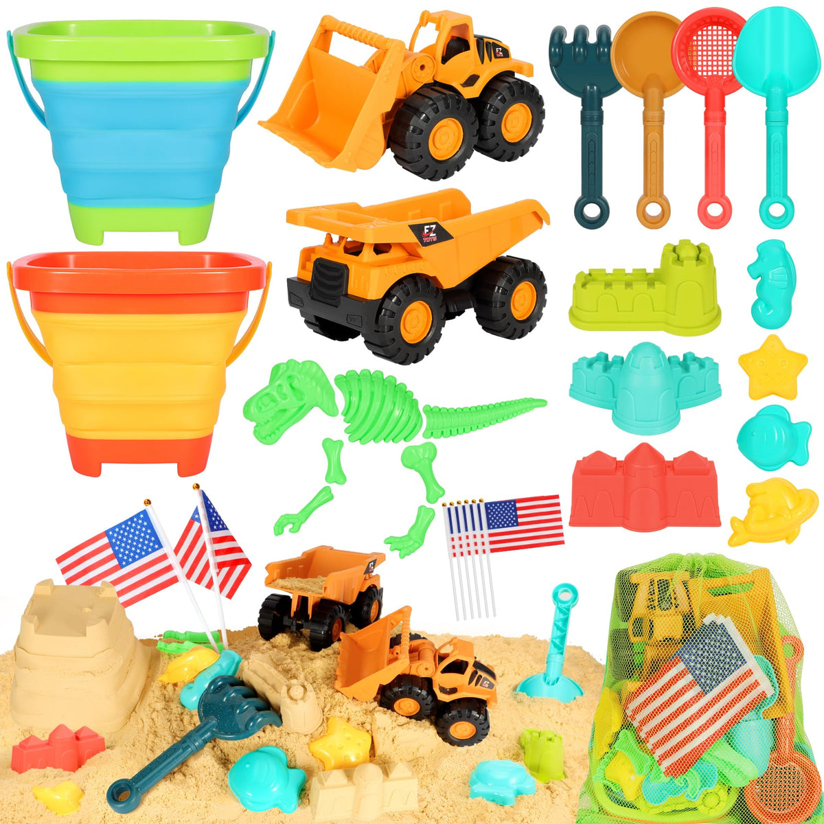 HUITEM Beach Sand Toys with two foldable buckets for easy transport and storage