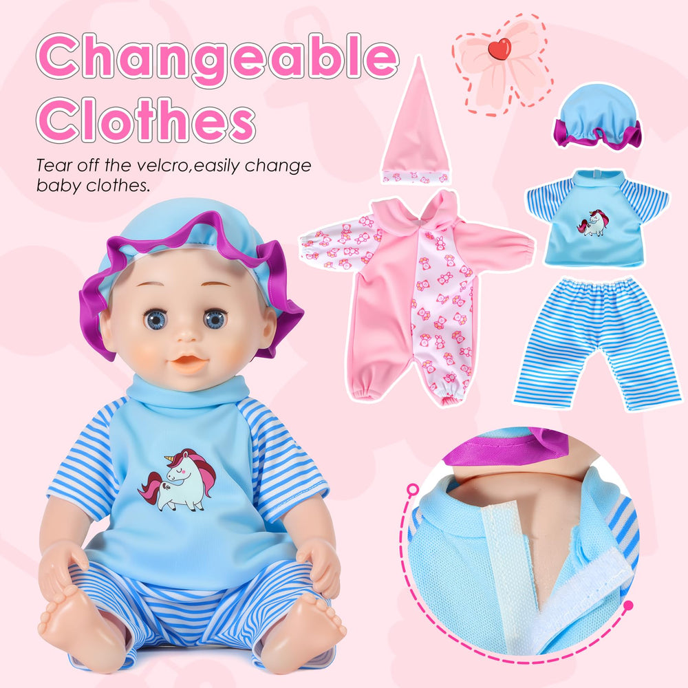 HUITEM two sets of doll clothes and hats for dress-up.