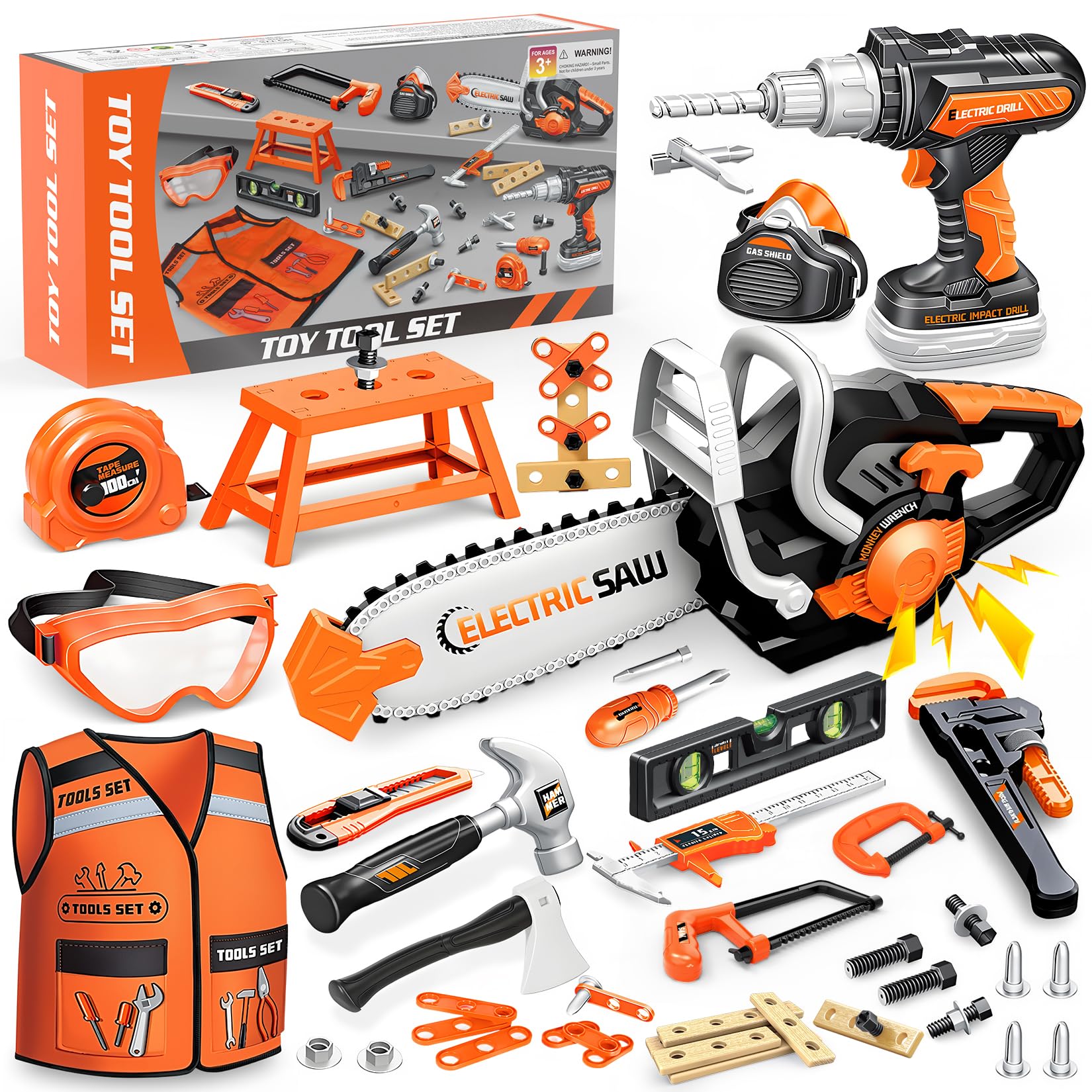 HUITEM Kids tool set drill and chainsaw boosts imaginative play and fine motor skills.