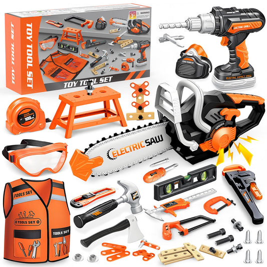 HUITEM Kids tool set drill and chainsaw boosts imaginative play and fine motor skills.
