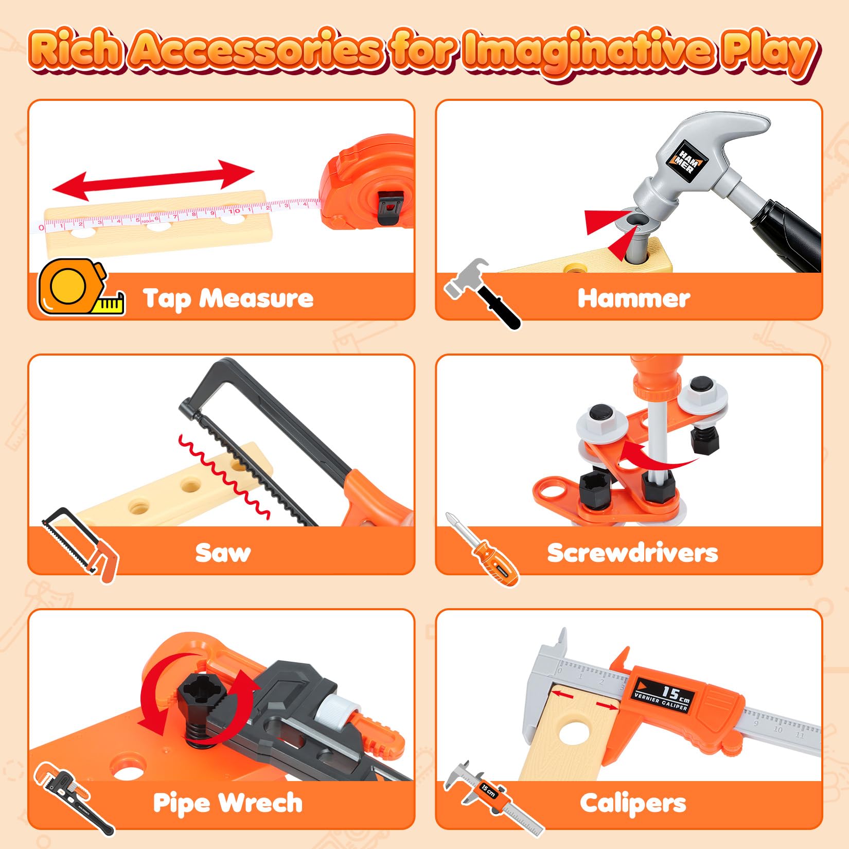 HUITEM Kids tool set measuring tape and caliper support early measurement play.