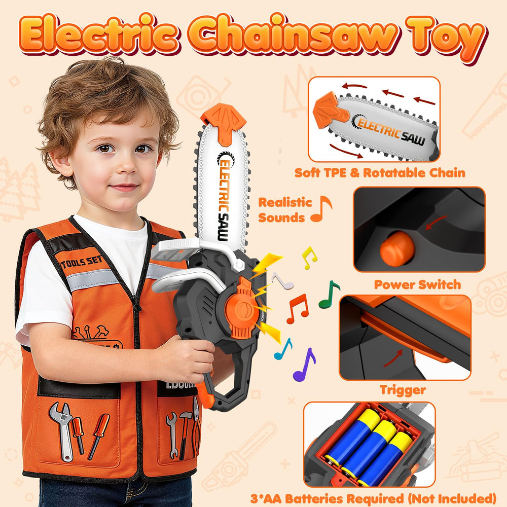 HUITEM Kids tool set rotating chainsaw sounds for immersive pretend play.