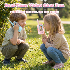 Huiteng XR kids video walkie talkies 2 pack back view showing lanyards
